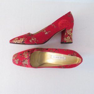 Ann Marino Asian Inspired Chinoiserie Floral Red Stacked Heels Size 8 1/2 M